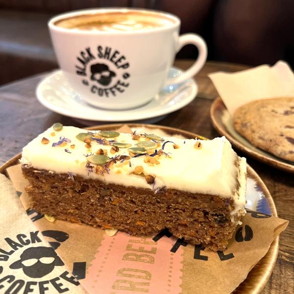 Carrot cake and coffee at Black Sheep
